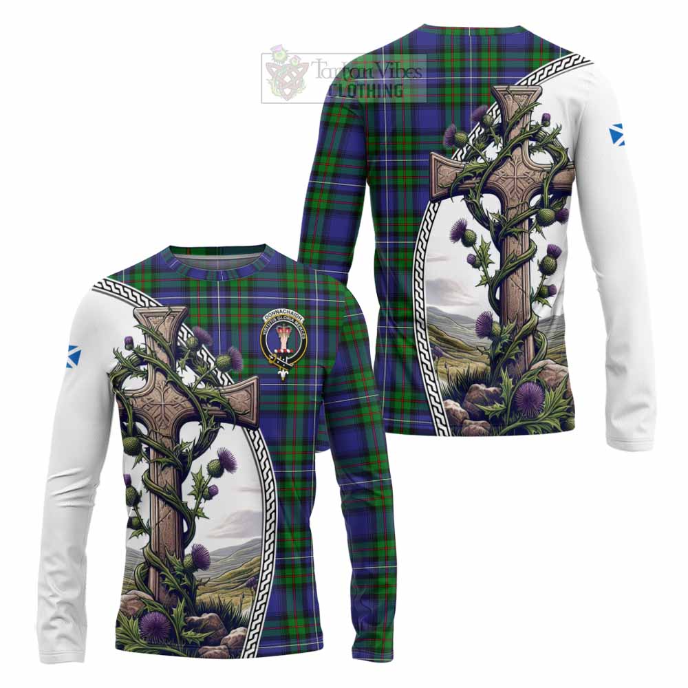 Tartan Vibes Clothing Donnachaidh Tartan Long Sleeve T-Shirt with Family Crest and St. Andrew's Cross Accented by Thistle Vines