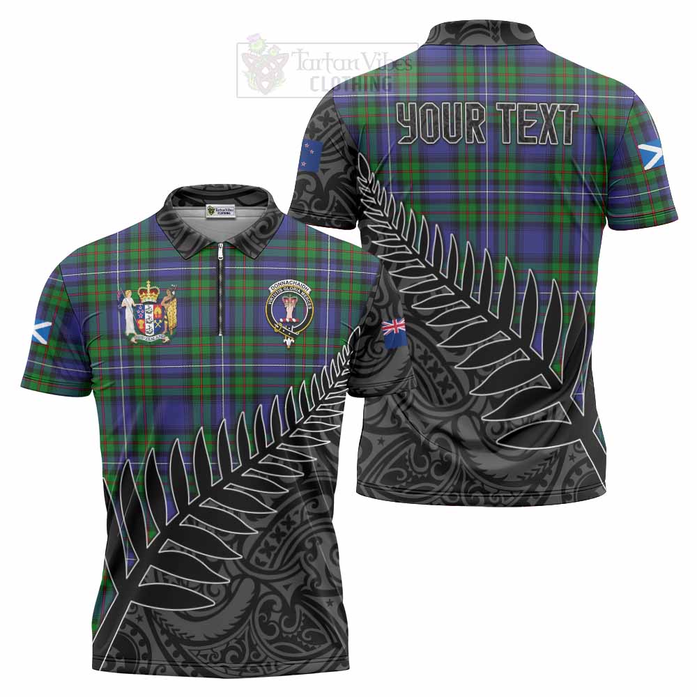 Tartan Vibes Clothing Donnachaidh Crest Tartan Zipper Polo Shirt with New Zealand Silver Fern Half Style