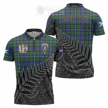 Donnachaidh Crest Tartan Zipper Polo Shirt with New Zealand Silver Fern Half Style