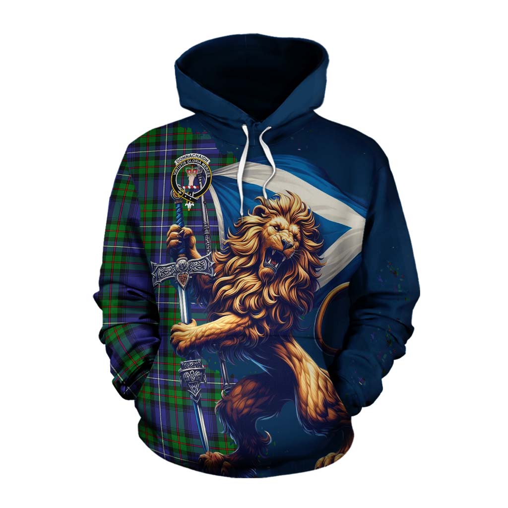 Tartan Vibes Clothing Donnachaidh Tartan Family Crest Cotton Hoodie with Scottish Majestic Lion