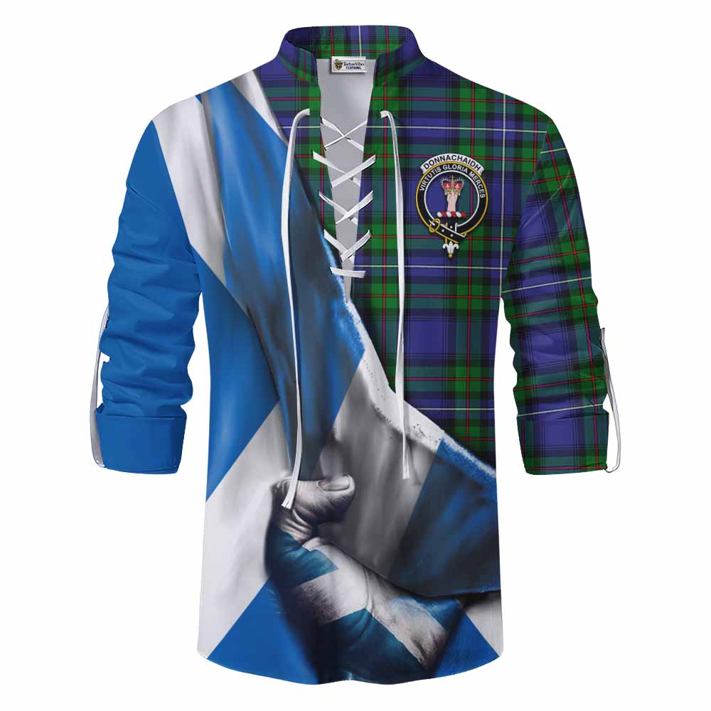 Tartan Vibes Clothing Donnachaidh Tartan Ghillie Kilt Shirt with Family Crest Scotland Patriotic Style