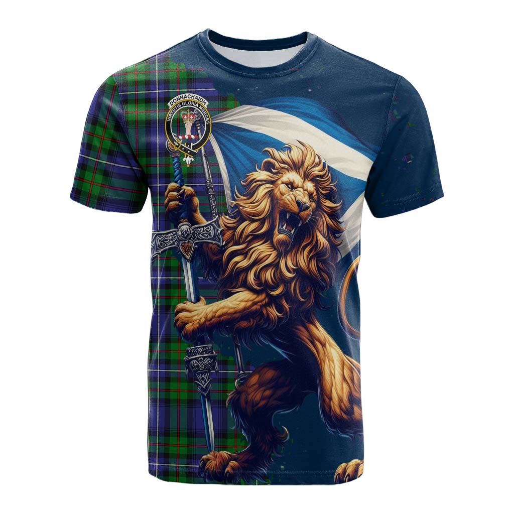 Tartan Vibes Clothing Donnachaidh Tartan Family Crest Cotton T-shirt with Scottish Majestic Lion