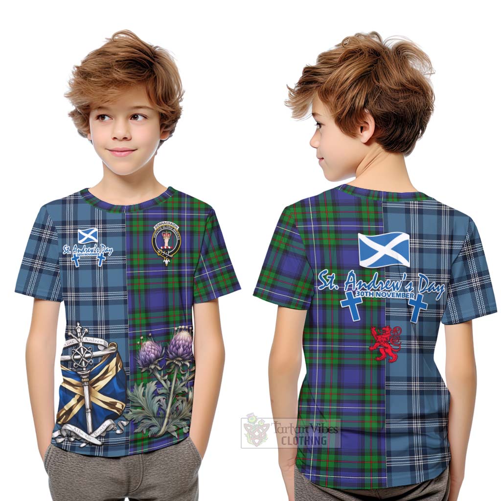 Tartan Vibes Clothing Donnachaidh Tartan Kid T-Shirt Happy St. Andrew's Day Half Tartan Style