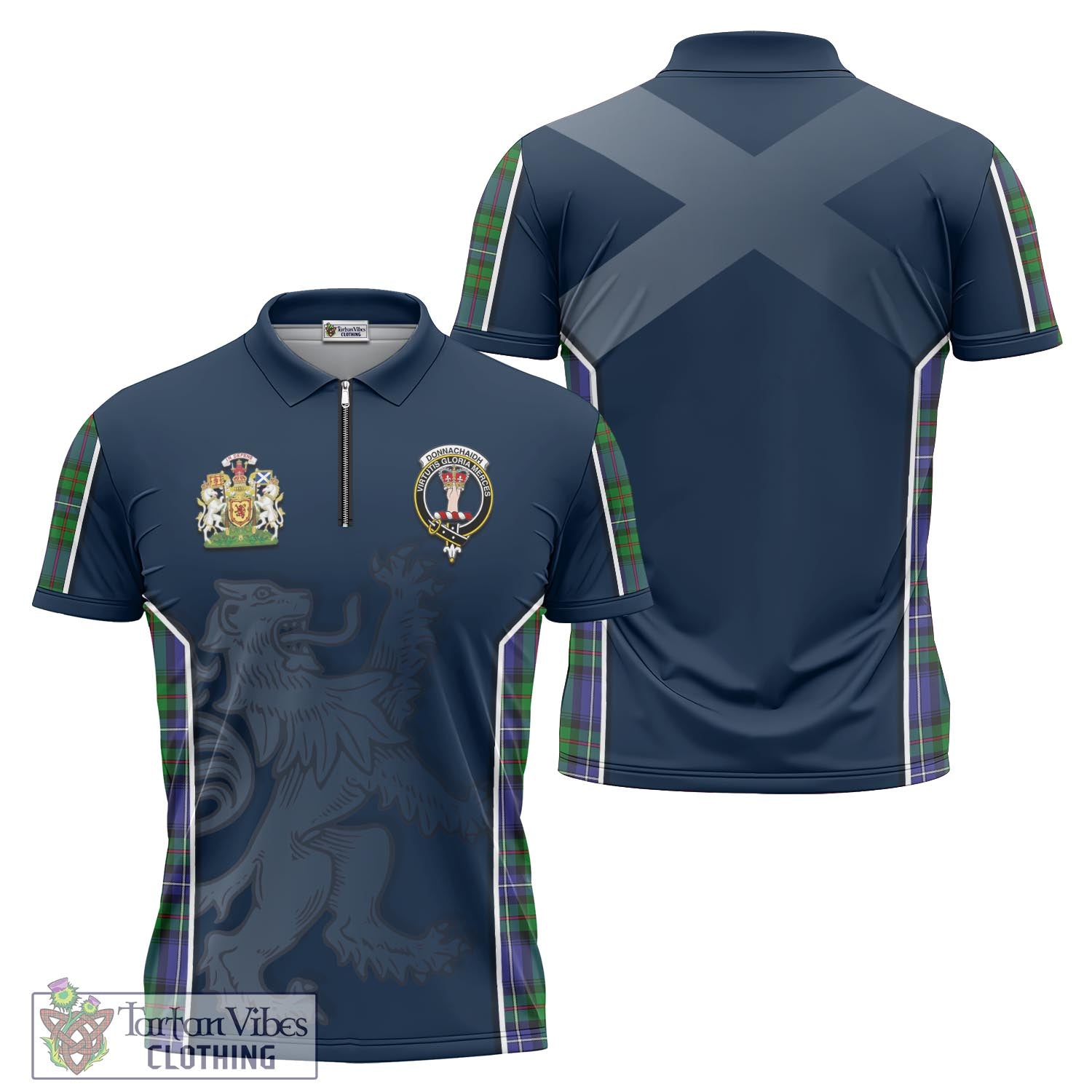 Tartan Vibes Clothing Donnachaidh Tartan Zipper Polo Shirt with Family Crest and Lion Rampant Vibes Sport Style