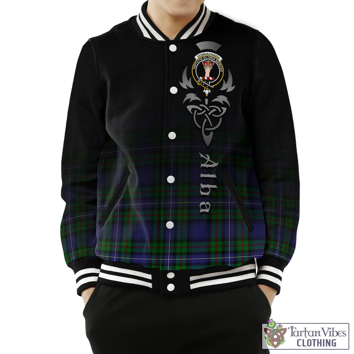 Tartan Vibes Clothing Donnachaidh Tartan Baseball Jacket Featuring Alba Gu Brath Family Crest Celtic Inspired