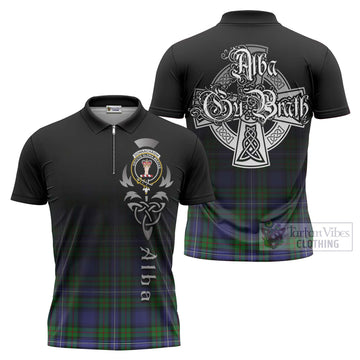 Donnachaidh Tartan Zipper Polo Shirt Featuring Alba Gu Brath Family Crest Celtic Inspired