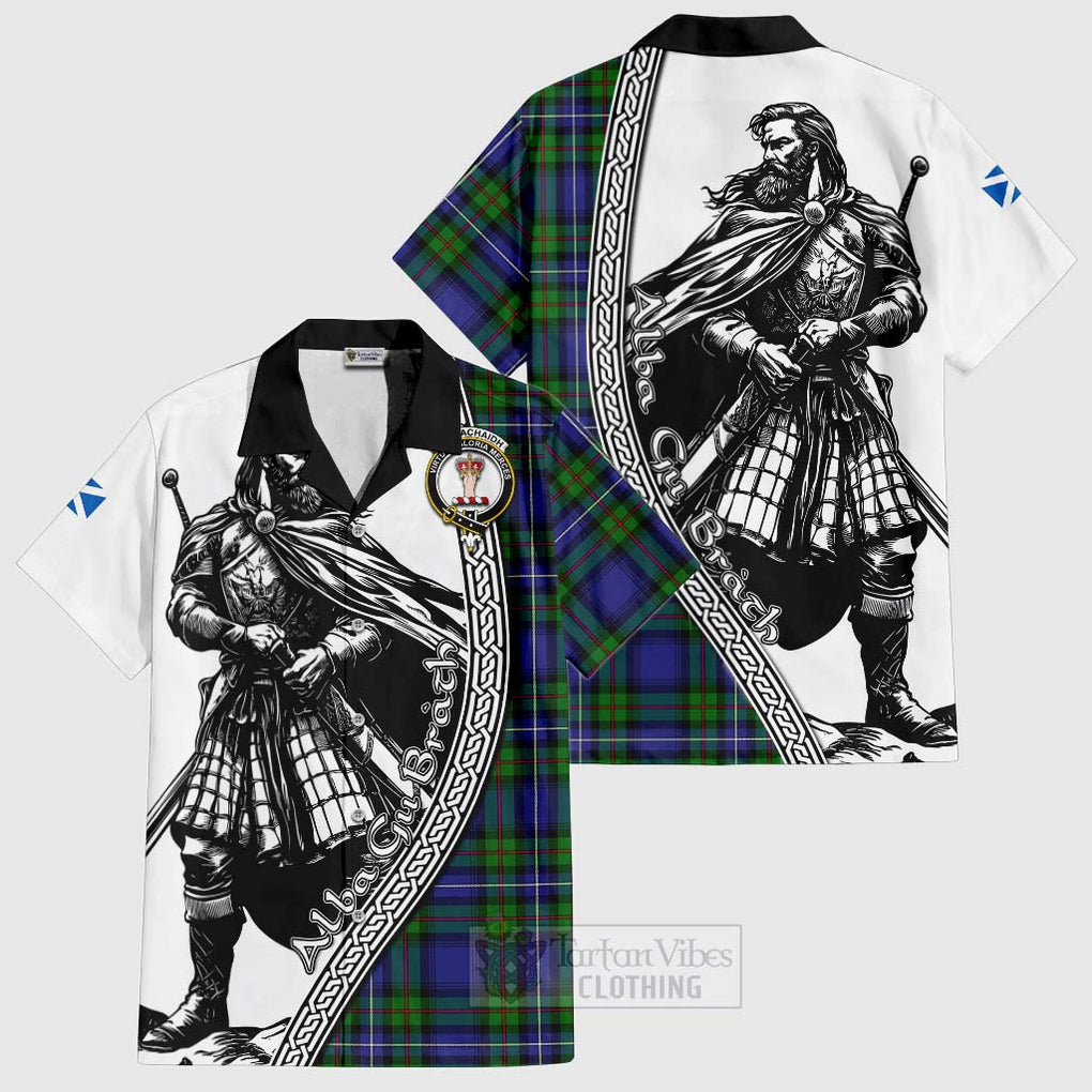 Tartan Vibes Clothing Donnachaidh Tartan Clan Crest Short Sleeve Button Shirt with Highlander Warrior Celtic Style