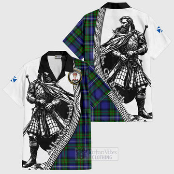 Donnachaidh Tartan Clan Crest Short Sleeve Button Shirt with Highlander Warrior Celtic Style