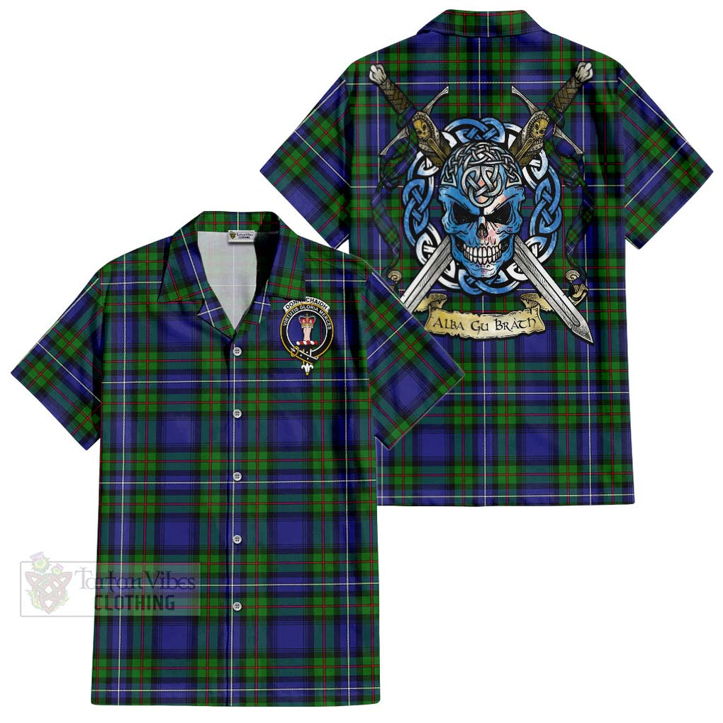 Tartan Vibes Clothing Donnachaidh Tartan Short Sleeve Button Shirt with Family Crest Celtic Skull Style