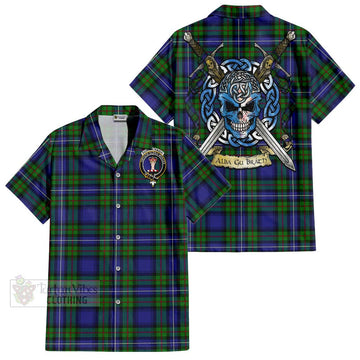 Donnachaidh Tartan Short Sleeve Button Shirt with Family Crest Celtic Skull Style