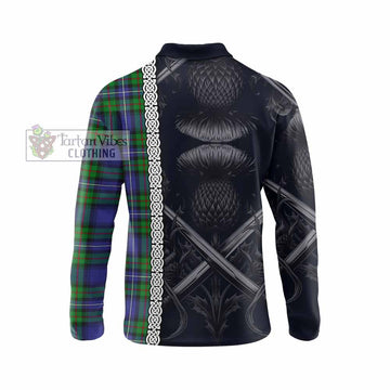 Donnachaidh Tartan Long Sleeve Polo Shirt with Family Crest Cross Sword Thistle Celtic Vibes