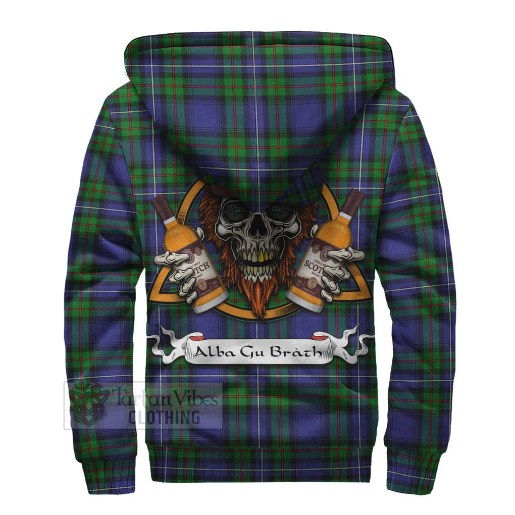 Tartan Vibes Clothing Donnachaidh Tartan Sherpa Hoodie with Family Crest and Bearded Skull Holding Bottles of Whiskey