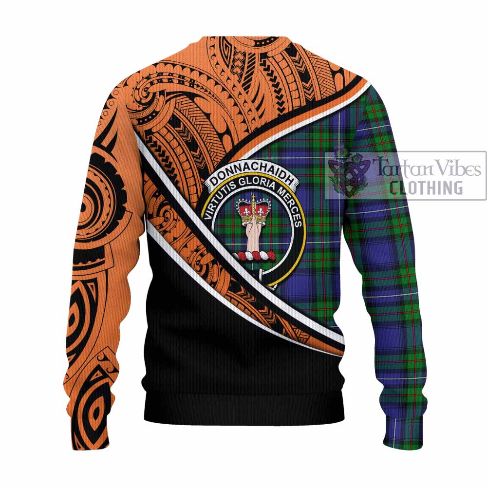 Tartan Vibes Clothing Donnachaidh Crest Tartan Knitted Sweater with Maori Tattoo Style - Orange Version