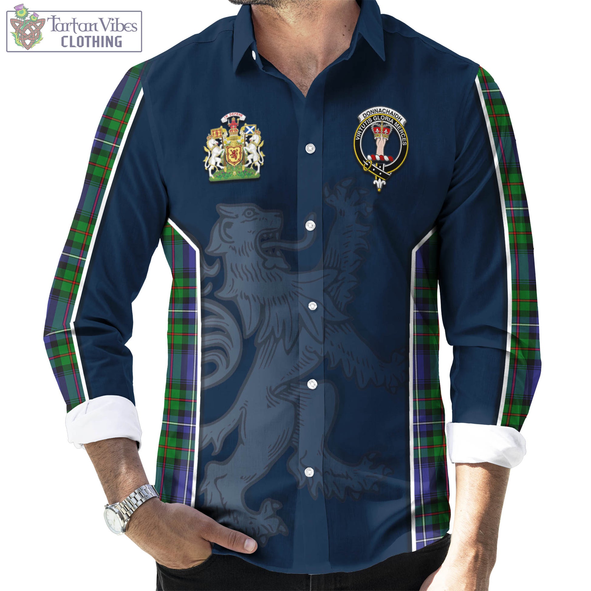 Tartan Vibes Clothing Donnachaidh Tartan Long Sleeve Button Up Shirt with Family Crest and Lion Rampant Vibes Sport Style