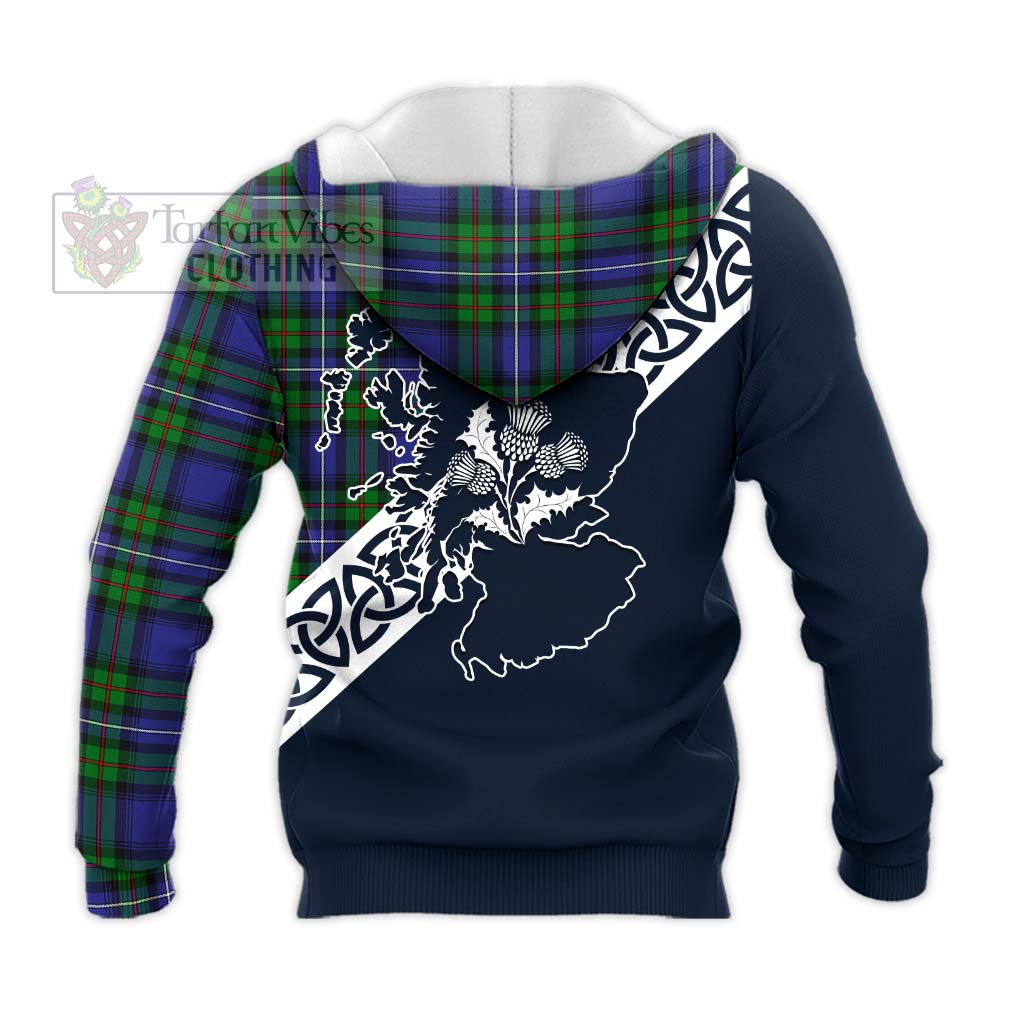 Tartan Vibes Clothing Donnachaidh Tartan Knitted Hoodie Featuring Thistle and Scotland Map