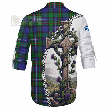 Donnachaidh Tartan Ghillie Kilt Shirt with Family Crest and St. Andrew's Cross Accented by Thistle Vines