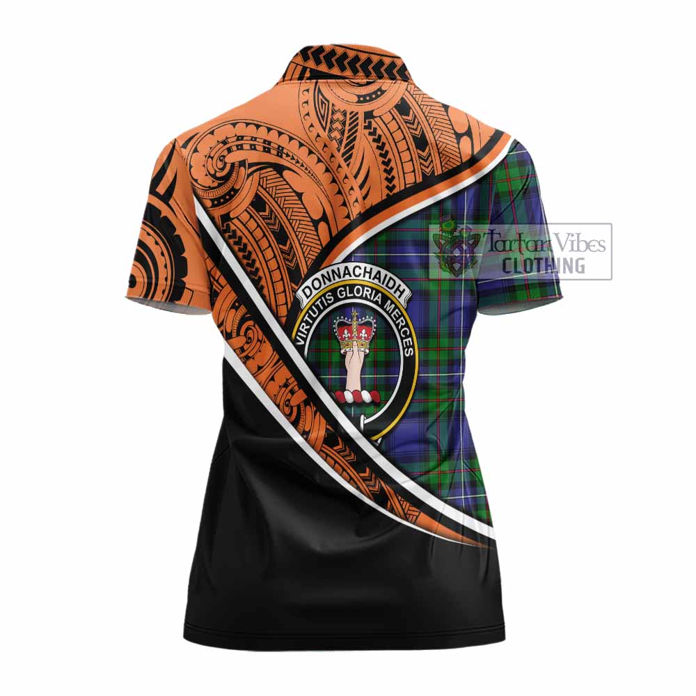 Tartan Vibes Clothing Donnachaidh Crest Tartan Women's Polo Shirt with Maori Tattoo Style - Orange Version