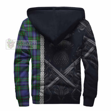 Donnachaidh Tartan Sherpa Hoodie with Family Crest Cross Sword Thistle Celtic Vibes