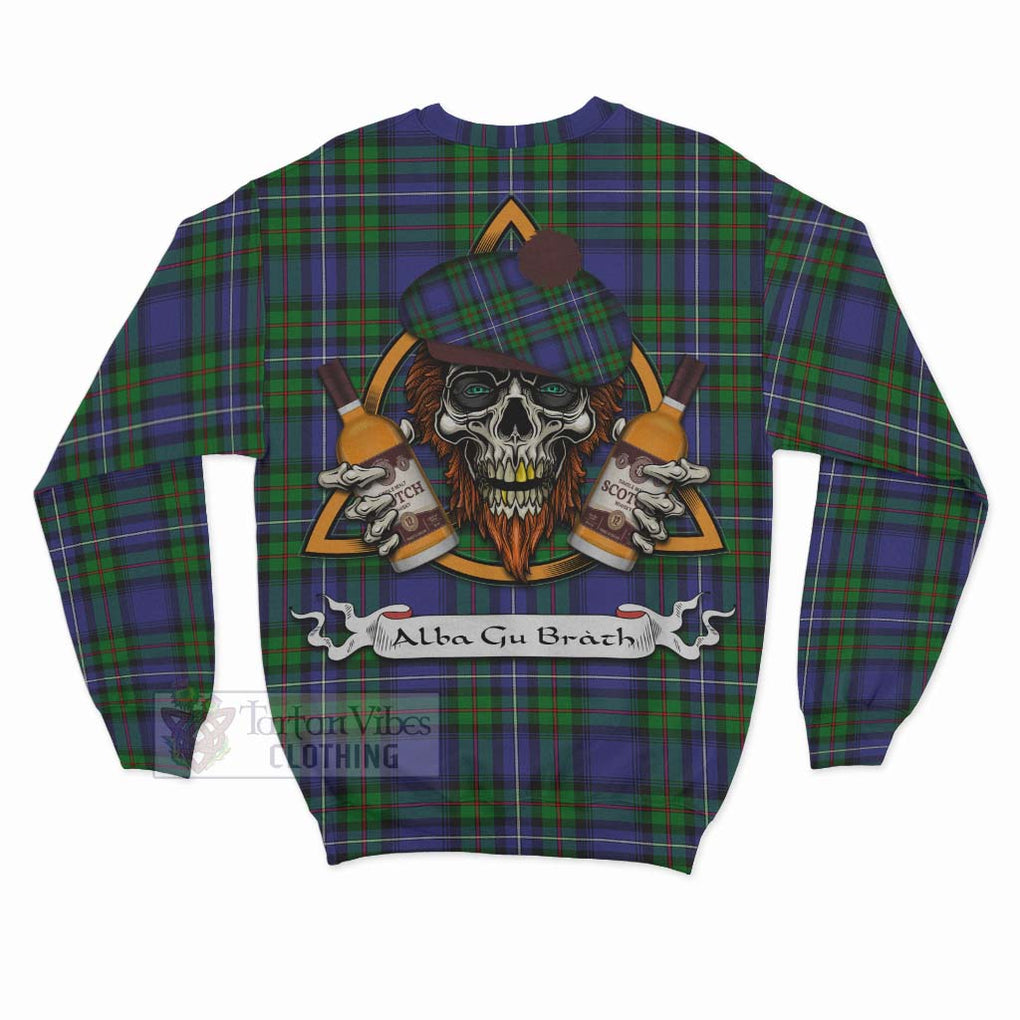 Tartan Vibes Clothing Donnachaidh Tartan Sweatshirt with Family Crest and Bearded Skull Holding Bottles of Whiskey