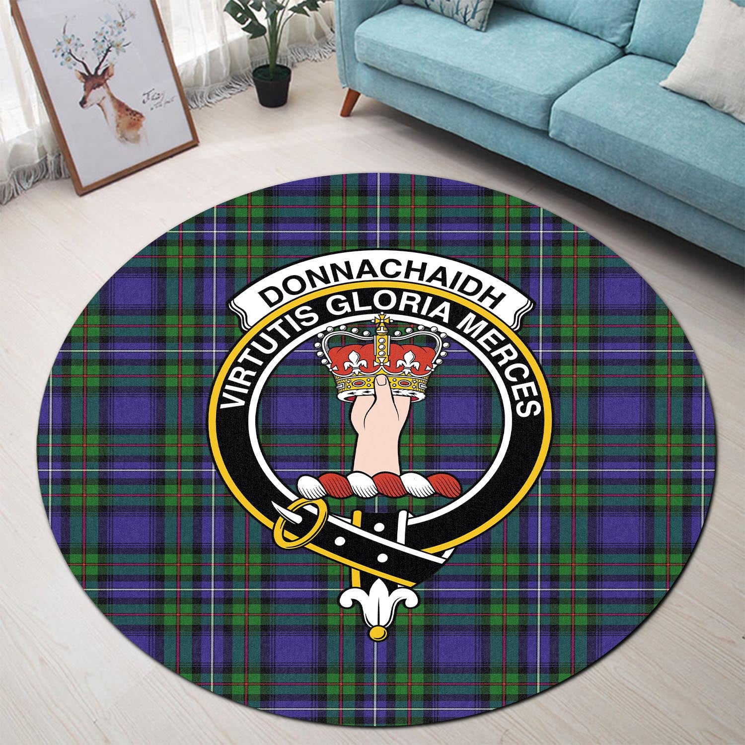 Donnachaidh Tartan Round Rug with Family Crest - Tartanvibesclothing