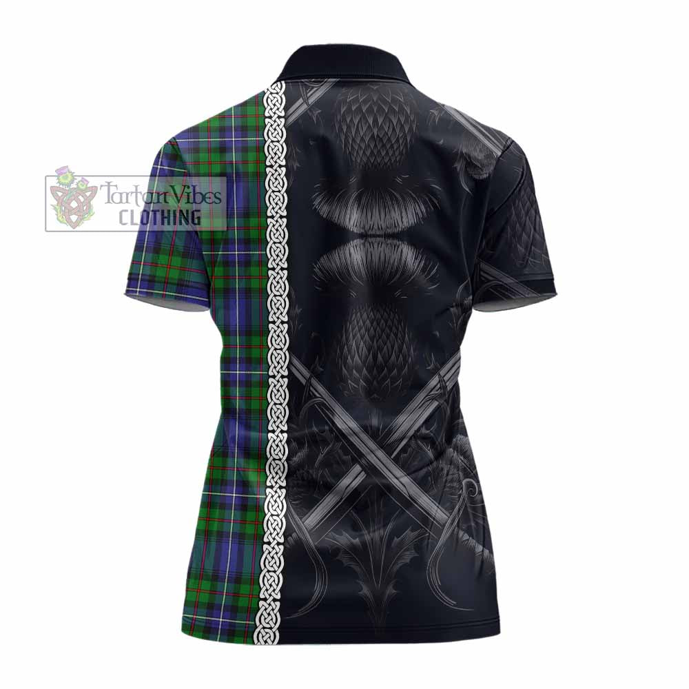 Tartan Vibes Clothing Donnachaidh Tartan Women's Polo Shirt with Family Crest Cross Sword Thistle Celtic Vibes