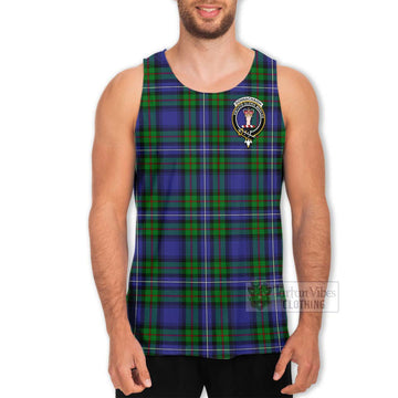 Donnachaidh Tartan Men's Tank Top with Family Crest and Bearded Skull Holding Bottles of Whiskey