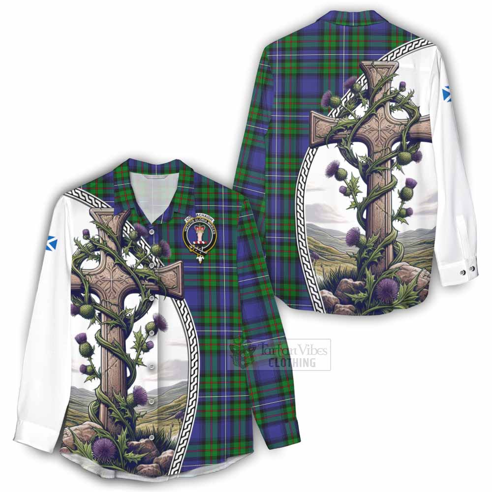 Tartan Vibes Clothing Donnachaidh Tartan Women's Casual Shirt with Family Crest and St. Andrew's Cross Accented by Thistle Vines