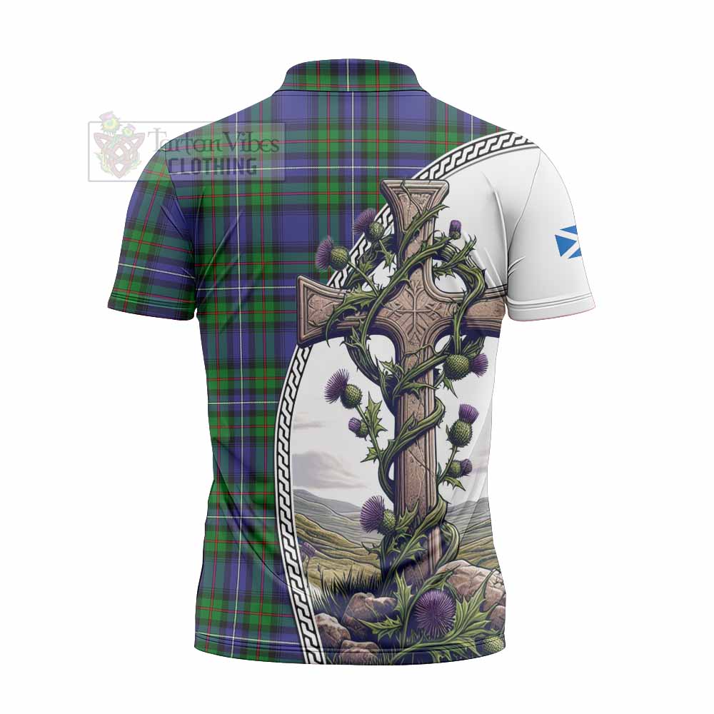 Tartan Vibes Clothing Donnachaidh Tartan Zipper Polo Shirt with Family Crest and St. Andrew's Cross Accented by Thistle Vines