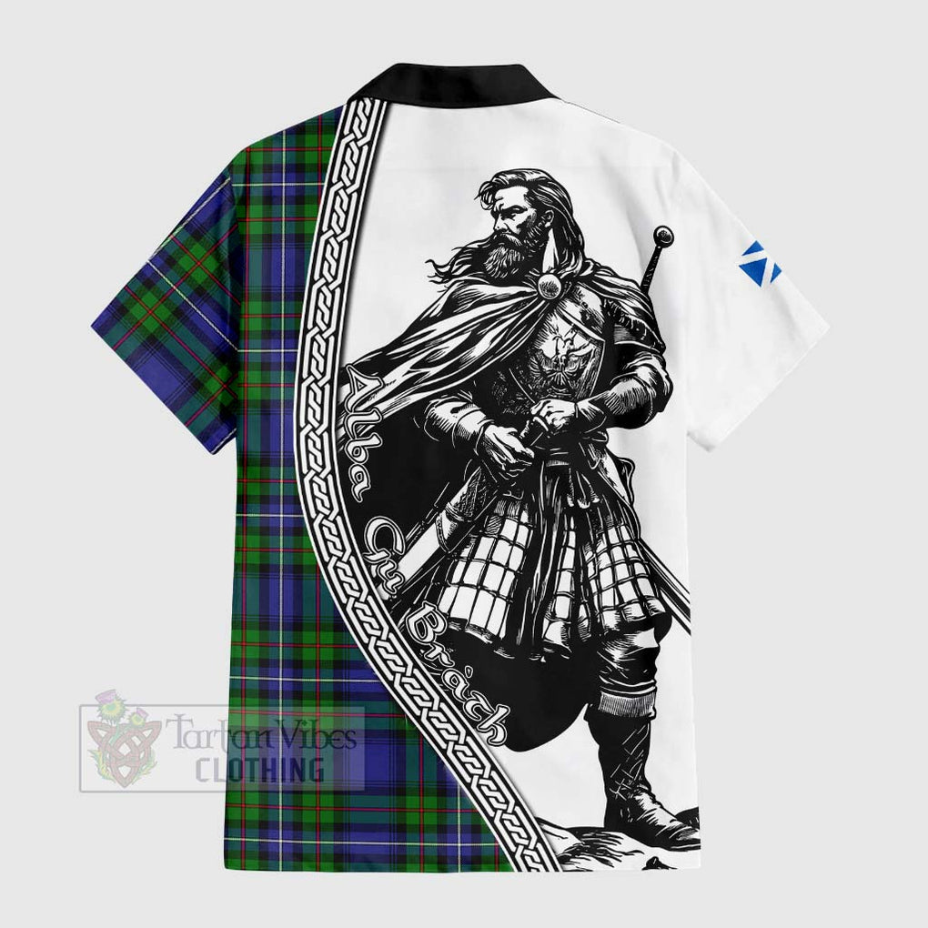 Tartan Vibes Clothing Donnachaidh Tartan Clan Crest Short Sleeve Button Shirt with Highlander Warrior Celtic Style