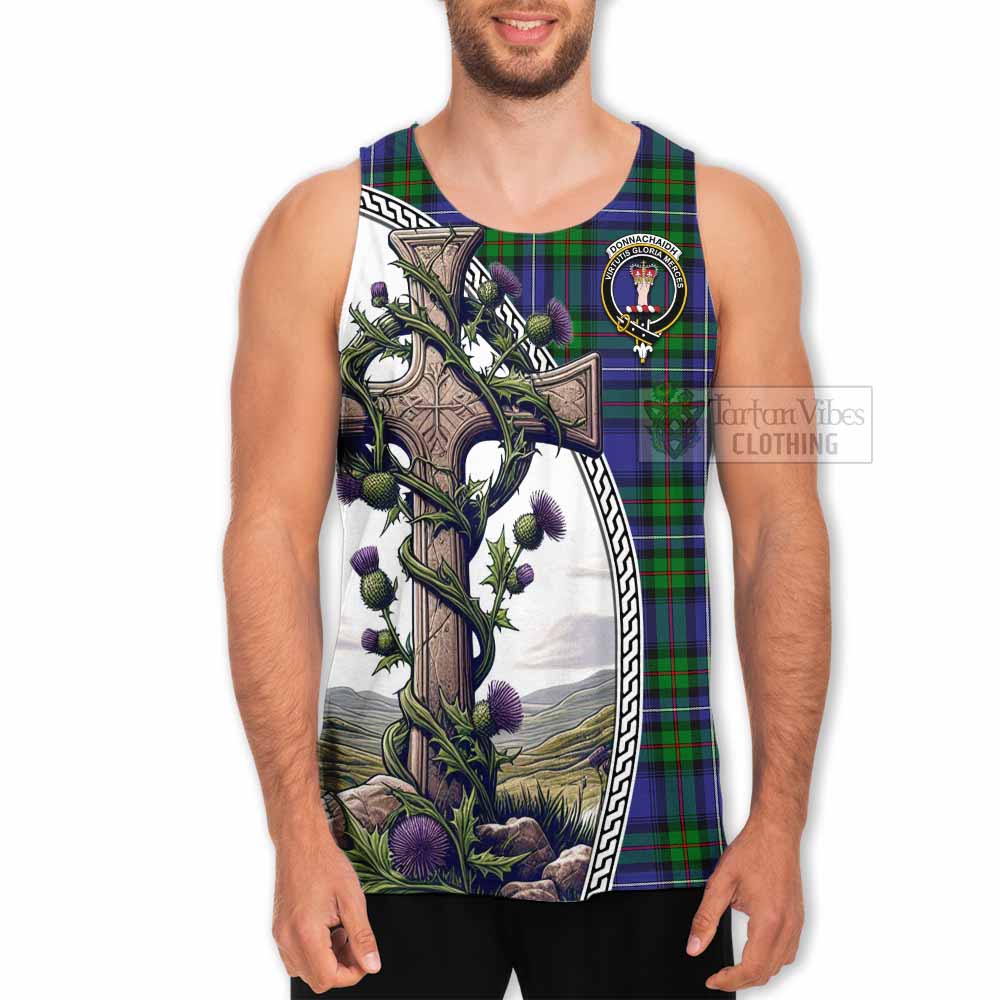 Tartan Vibes Clothing Donnachaidh Tartan Men's Tank Top with Family Crest and St. Andrew's Cross Accented by Thistle Vines