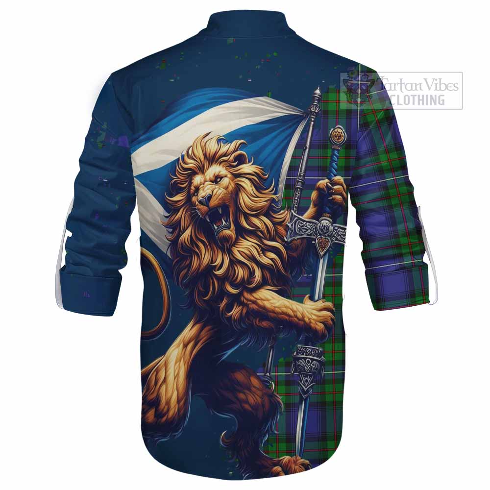 Tartan Vibes Clothing Donnachaidh Tartan Family Crest Ghillie Kilt Shirt with Scottish Majestic Lion