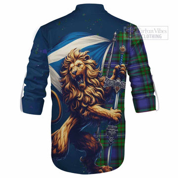 Donnachaidh Tartan Family Crest Ghillie Kilt Shirt with Scottish Majestic Lion