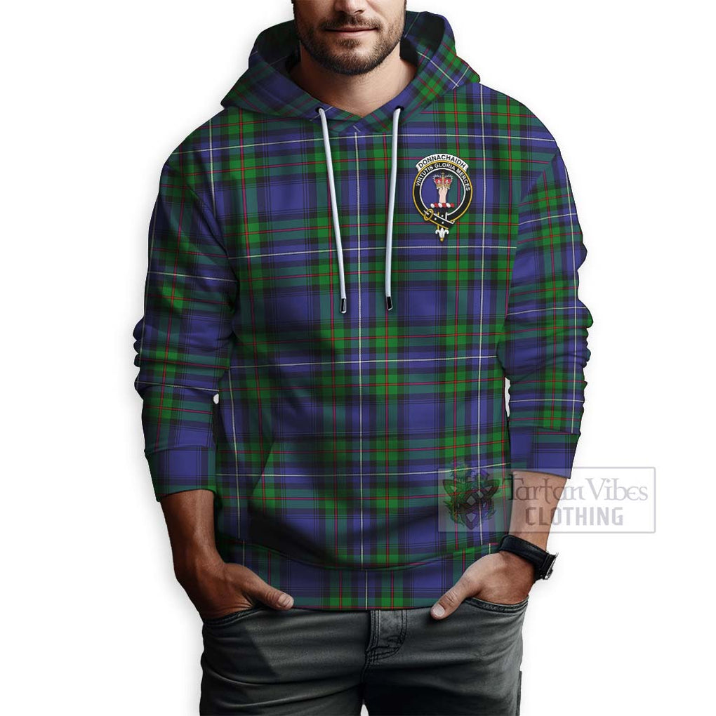 Tartan Vibes Clothing Donnachaidh Tartan Hoodie with Family Crest and Bearded Skull Holding Bottles of Whiskey