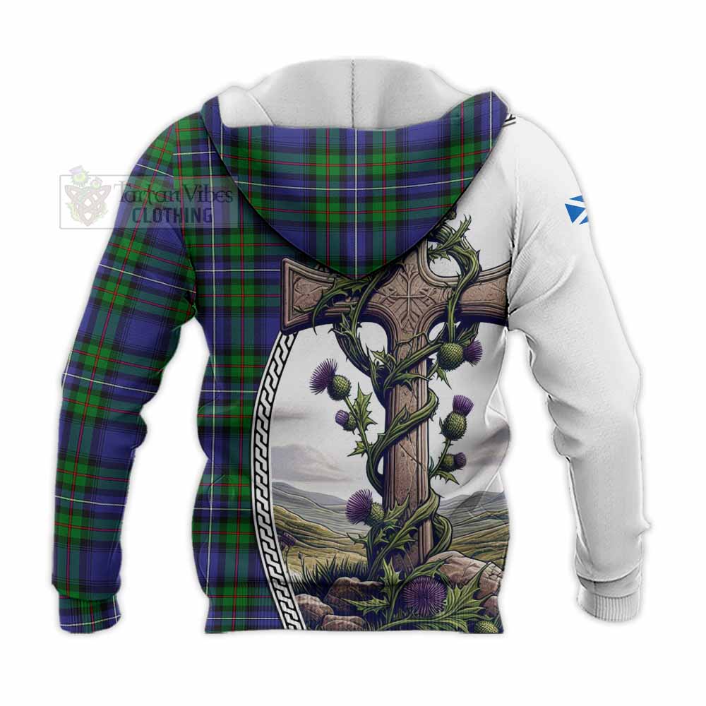 Tartan Vibes Clothing Donnachaidh Tartan Knitted Hoodie with Family Crest and St. Andrew's Cross Accented by Thistle Vines