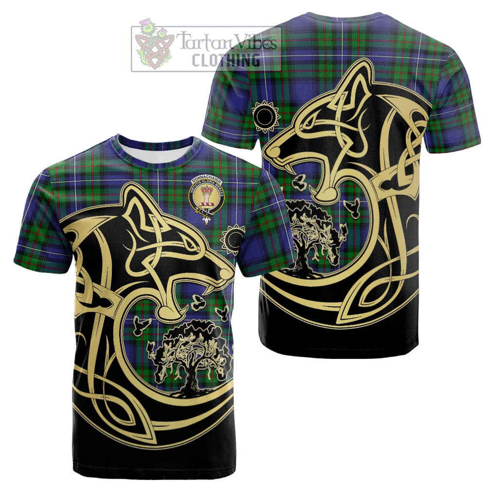 Tartan Vibes Clothing Donnachaidh Tartan Cotton T-shirt with Family Crest Celtic Wolf Style