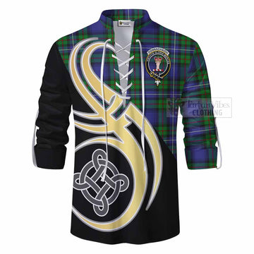 Donnachaidh Tartan Ghillie Kilt Shirt with Family Crest and Celtic Symbol Style