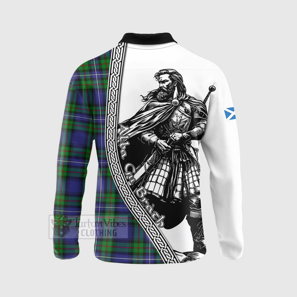 Tartan Vibes Clothing Donnachaidh Tartan Clan Crest Long Sleeve Polo Shirt with Highlander Warrior Celtic Style