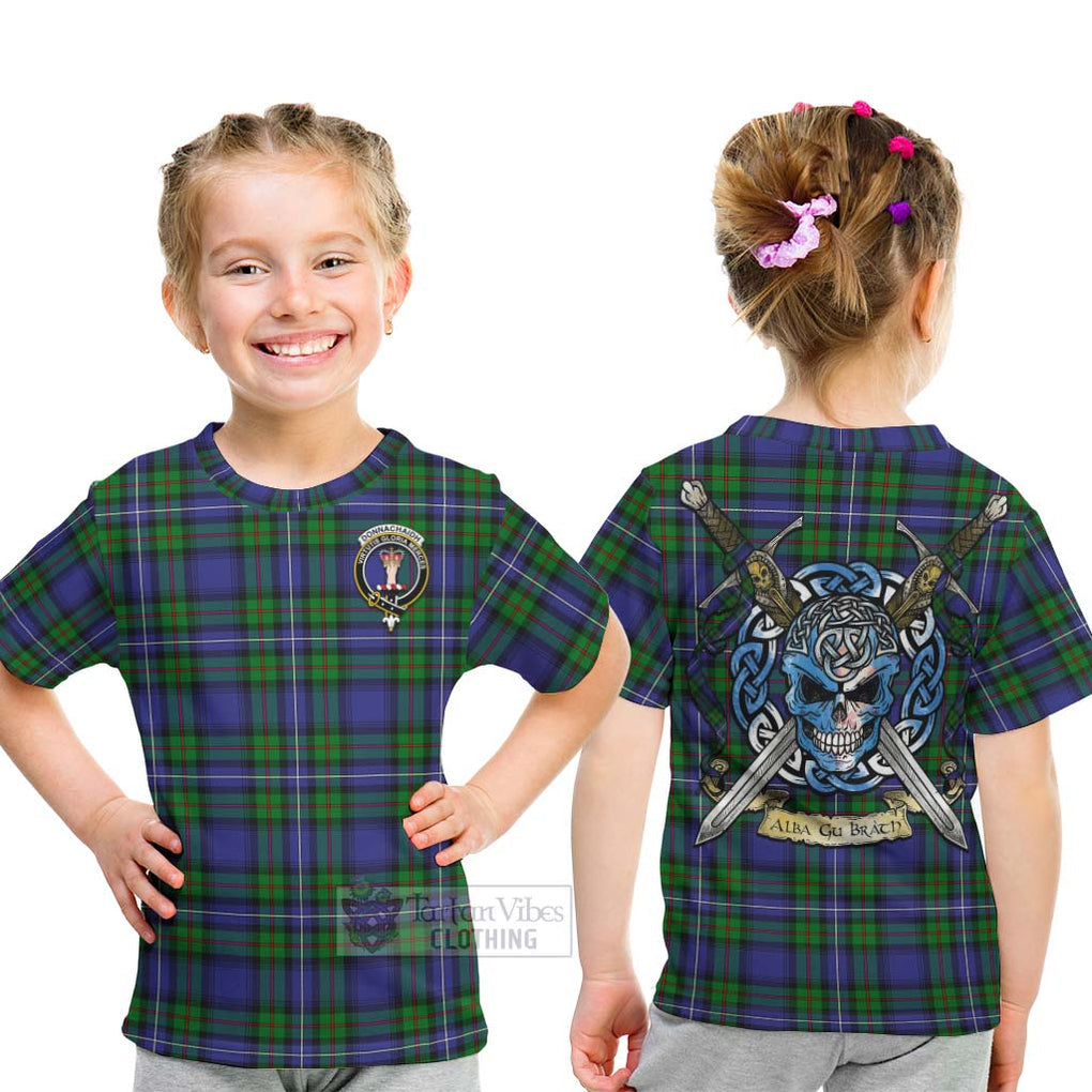 Tartan Vibes Clothing Donnachaidh Tartan Kid T-Shirt with Family Crest Celtic Skull Style