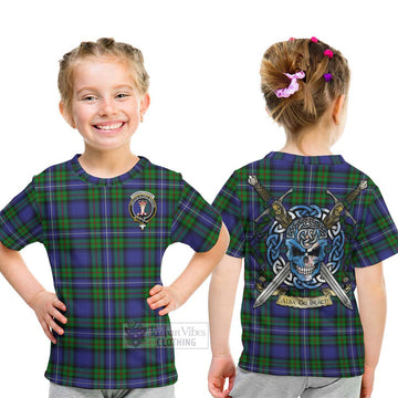 Donnachaidh Tartan Kid T-Shirt with Family Crest Celtic Skull Style