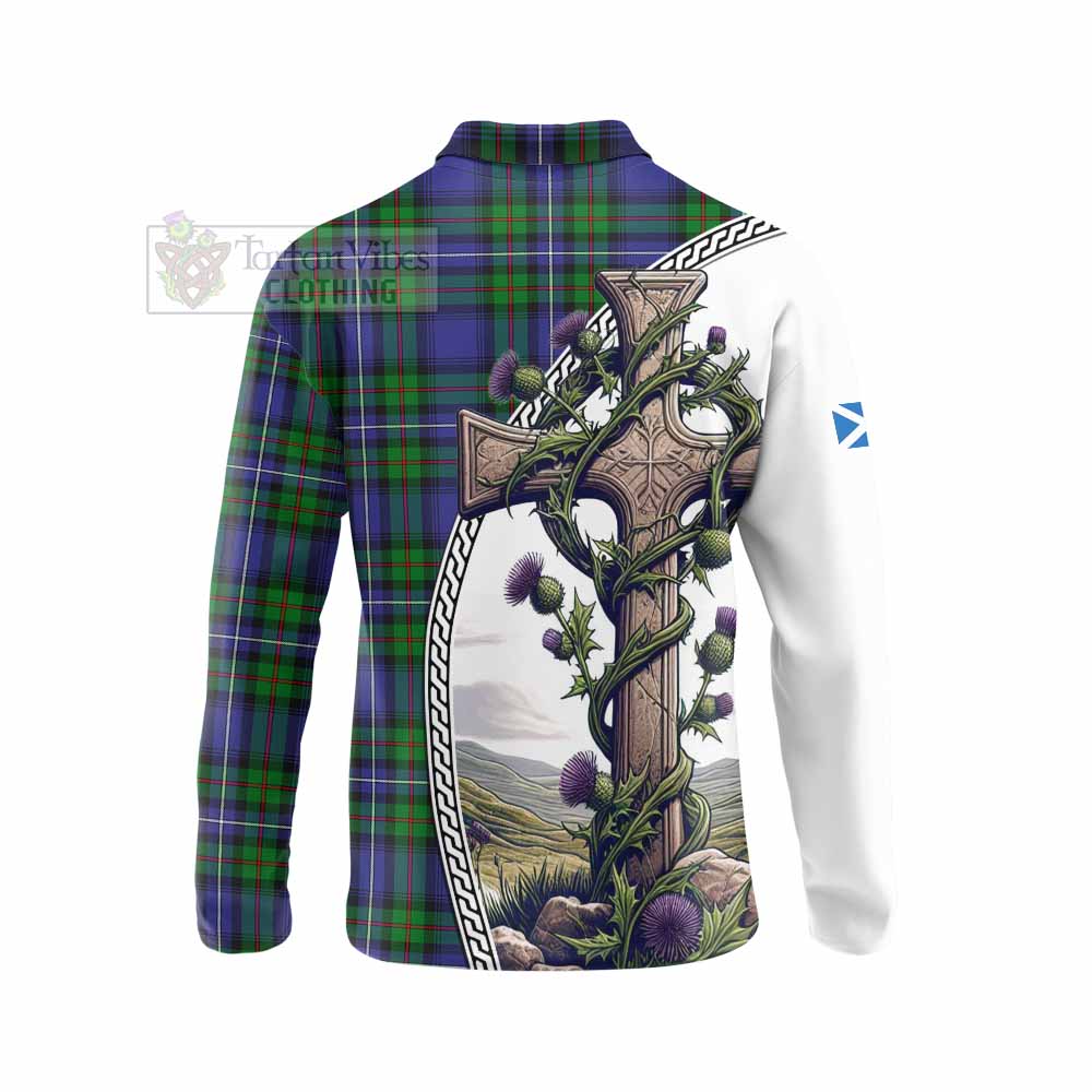 Tartan Vibes Clothing Donnachaidh Tartan Long Sleeve Polo Shirt with Family Crest and St. Andrew's Cross Accented by Thistle Vines