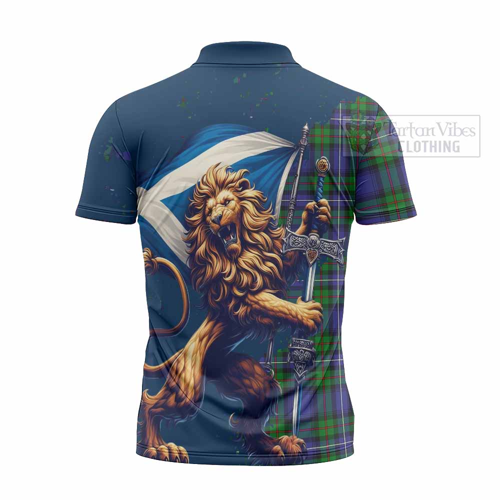 Tartan Vibes Clothing Donnachaidh Tartan Family Crest Zipper Polo Shirt with Scottish Majestic Lion