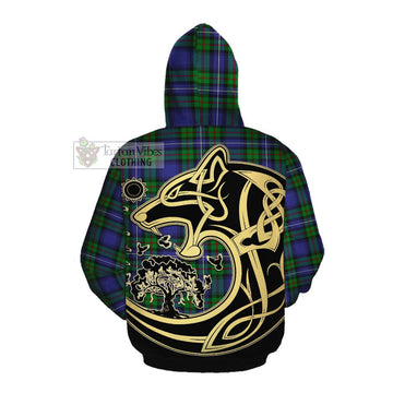 Donnachaidh Tartan Cotton Hoodie with Family Crest Celtic Wolf Style