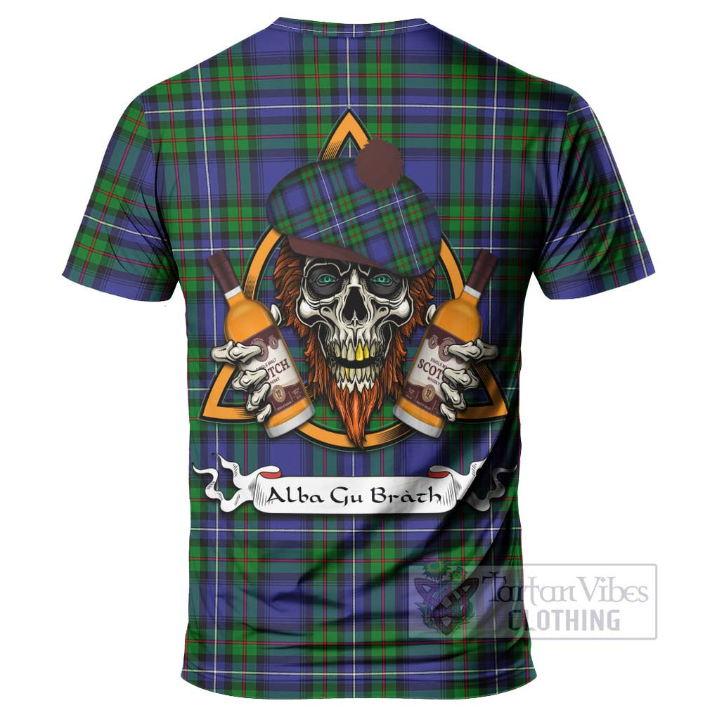 Tartan Vibes Clothing Donnachaidh Tartan T-Shirt with Family Crest and Bearded Skull Holding Bottles of Whiskey