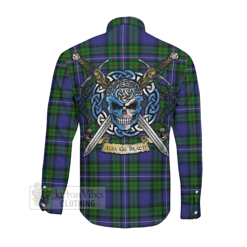 Tartan Vibes Clothing Donnachaidh Tartan Long Sleeve Button Shirt with Family Crest Celtic Skull Style