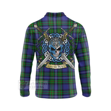 Donnachaidh Tartan Long Sleeve Polo Shirt with Family Crest Celtic Skull Style