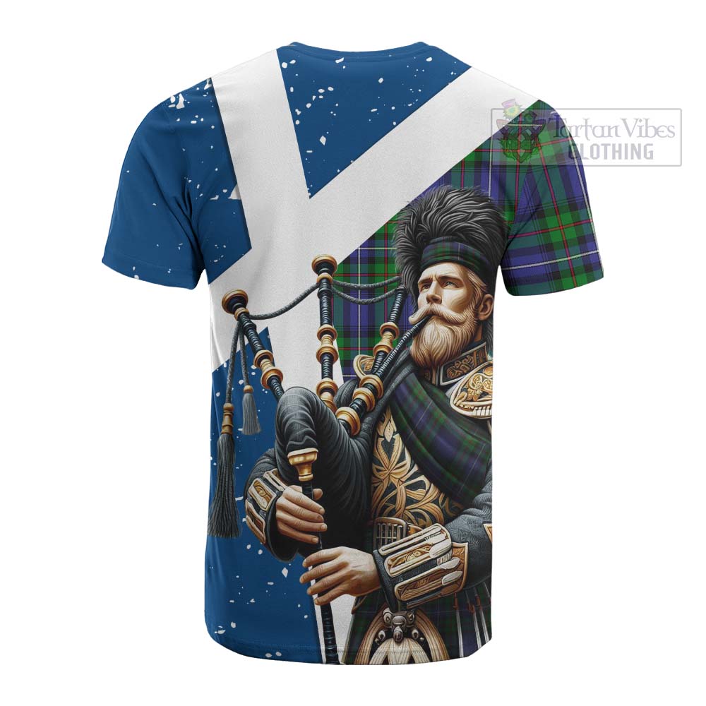 Tartan Vibes Clothing Donnachaidh Tartan Cotton T-shirt with Family Crest Scottish Bagpiper Vibes