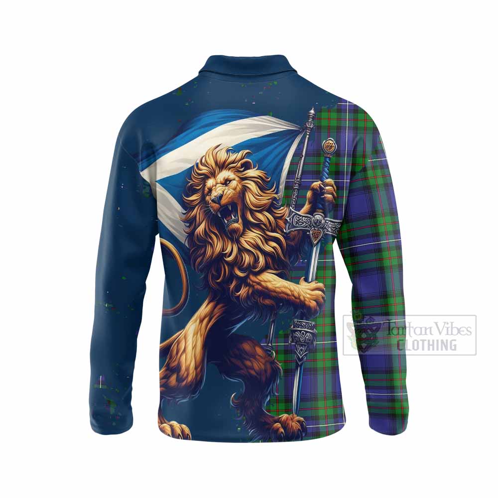 Tartan Vibes Clothing Donnachaidh Tartan Family Crest Long Sleeve Polo Shirt with Scottish Majestic Lion