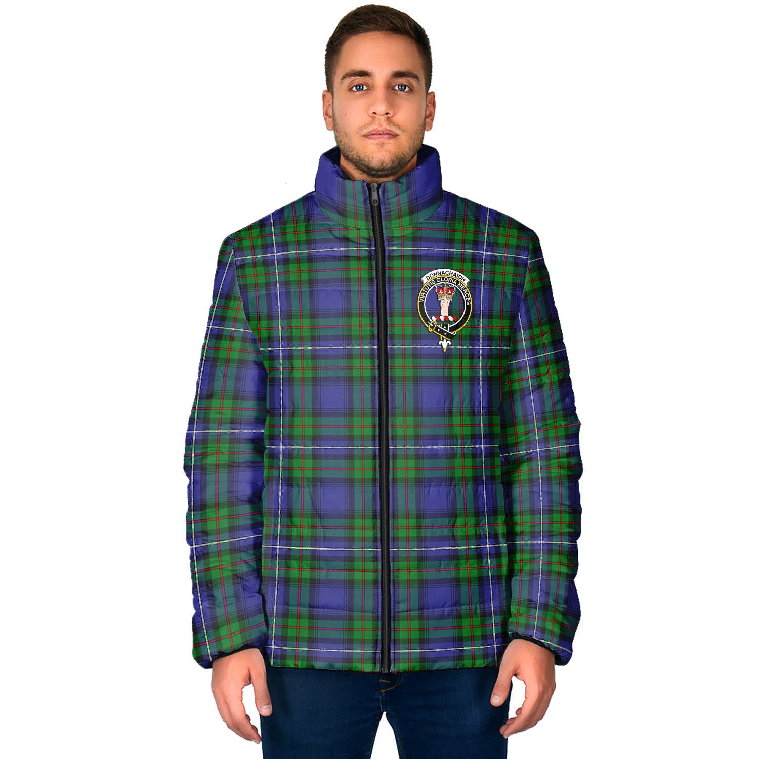 Donnachaidh Tartan Padded Jacket with Family Crest - Tartanvibesclothing