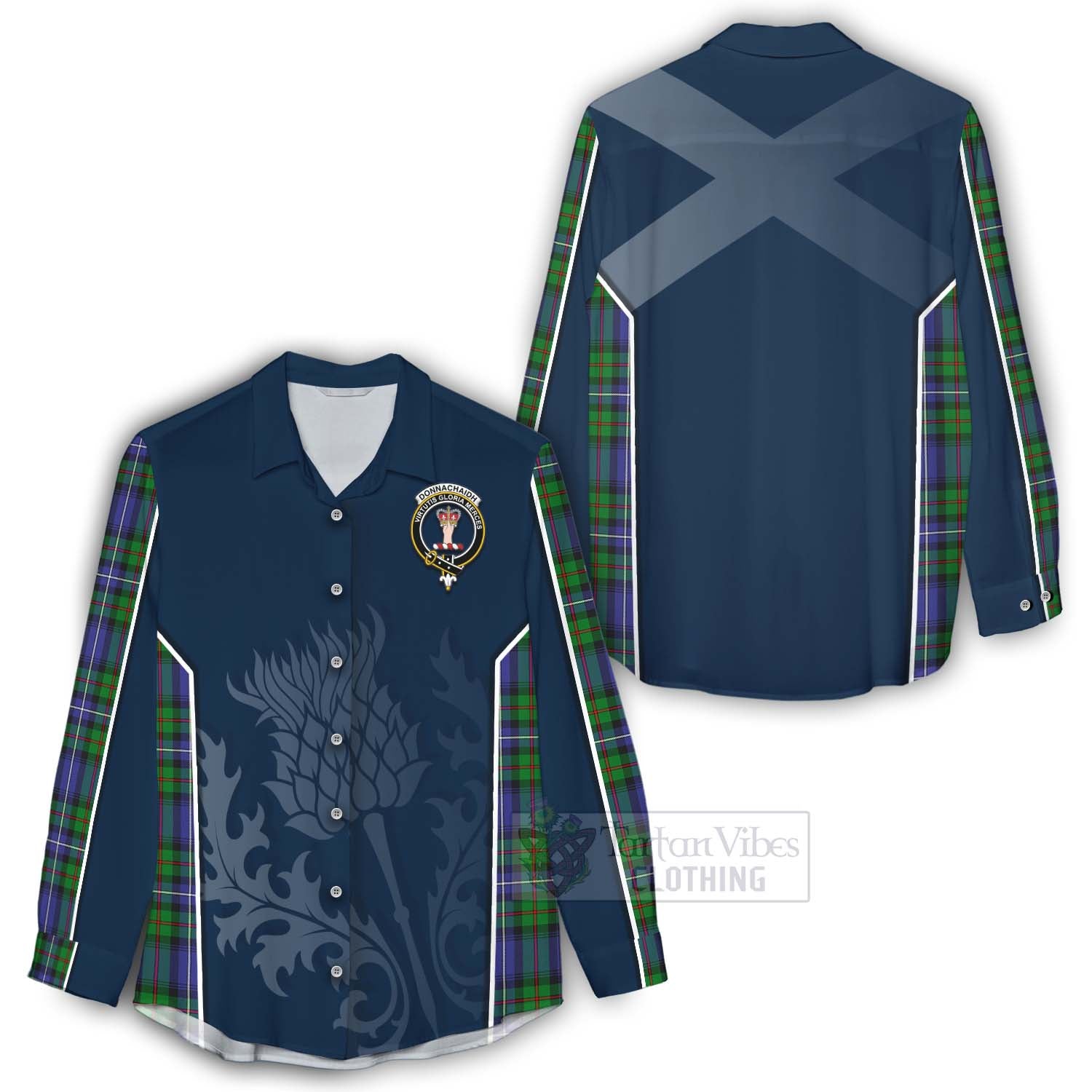 Tartan Vibes Clothing Donnachaidh Tartan Women's Casual Shirt with Family Crest and Scottish Thistle Vibes Sport Style