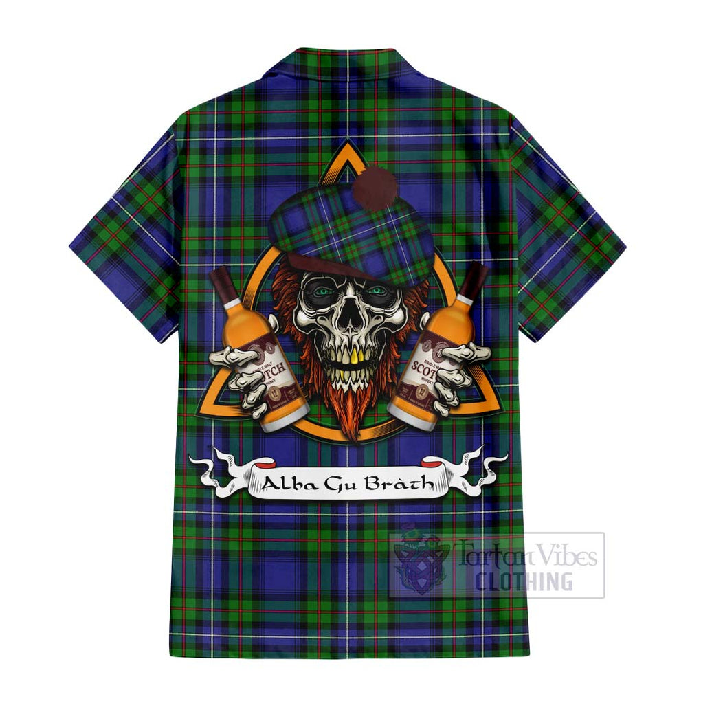 Tartan Vibes Clothing Donnachaidh Tartan Short Sleeve Button Shirt with Family Crest and Bearded Skull Holding Bottles of Whiskey